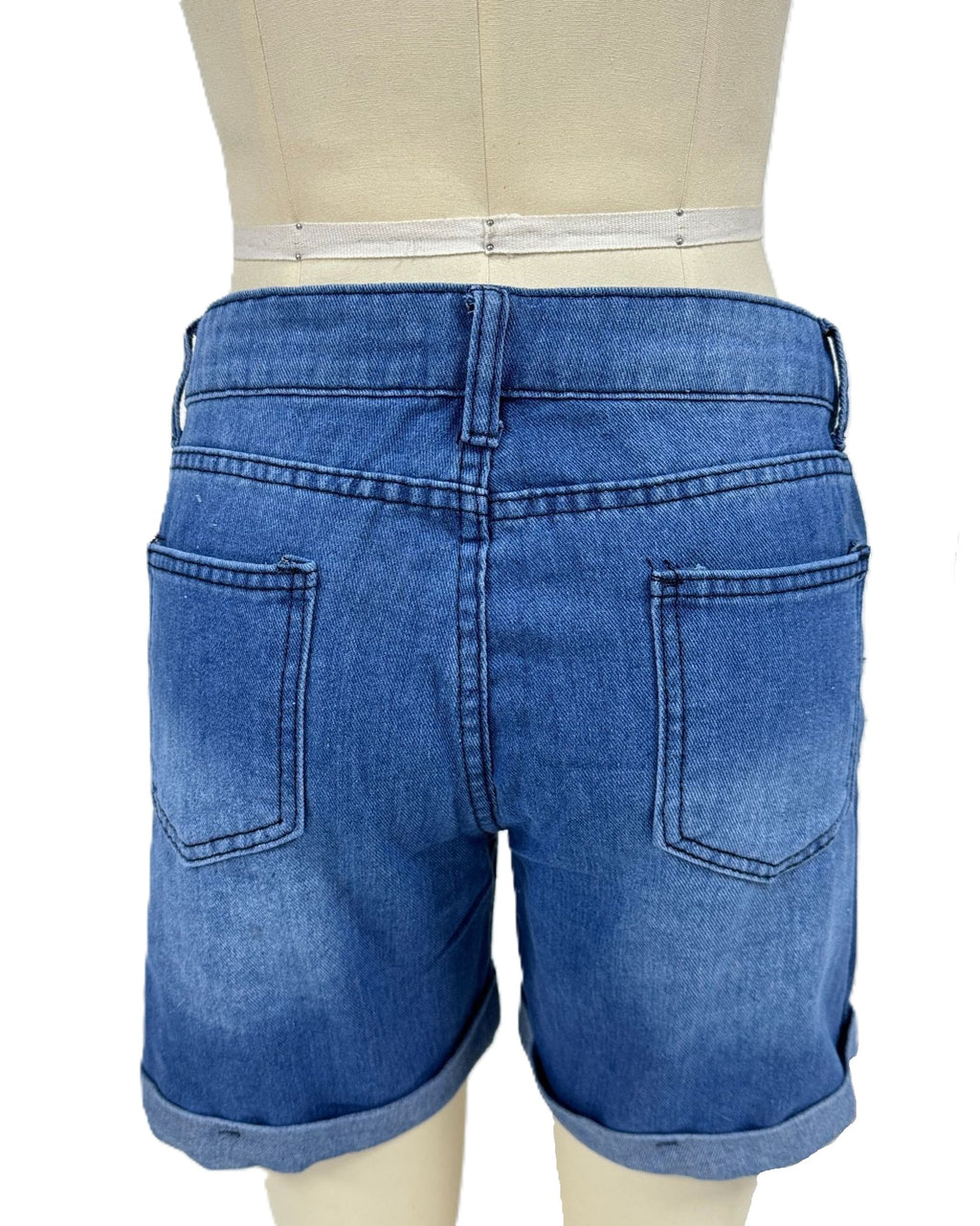 Button Fly Distressed Rolled Cuff Denim Shorts - Blue - 3
