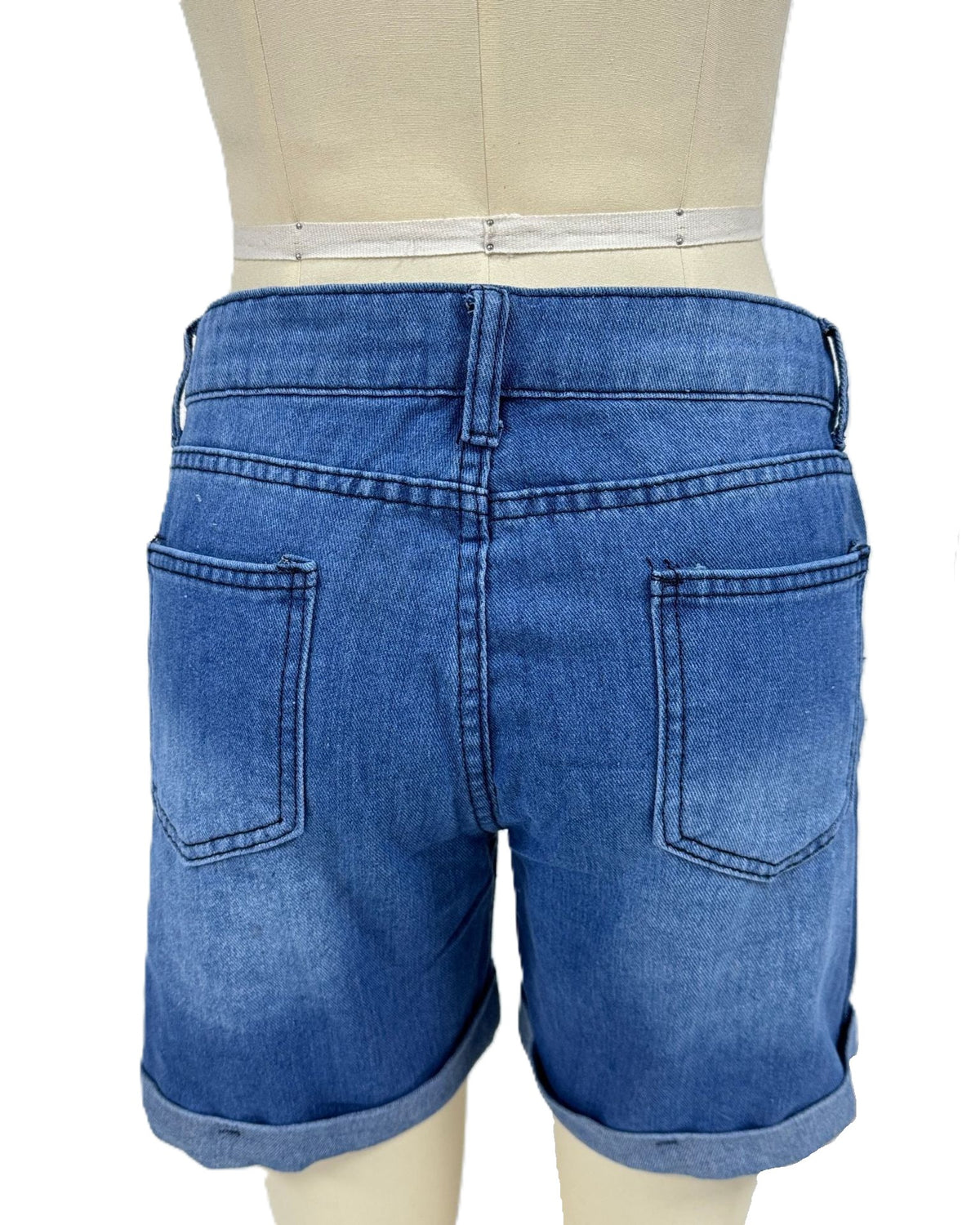 Button Fly Distressed Rolled Cuff Denim Shorts - Blue - 3