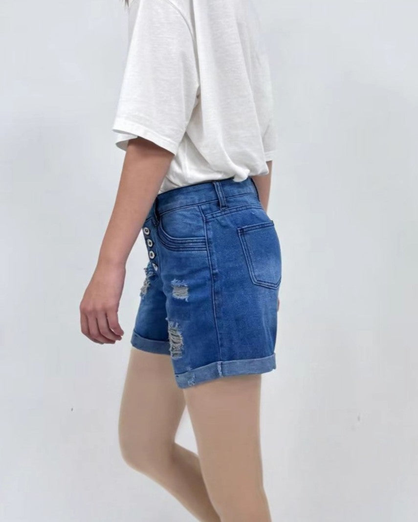 Button Fly Distressed Rolled Cuff Denim Shorts - Blue - 4