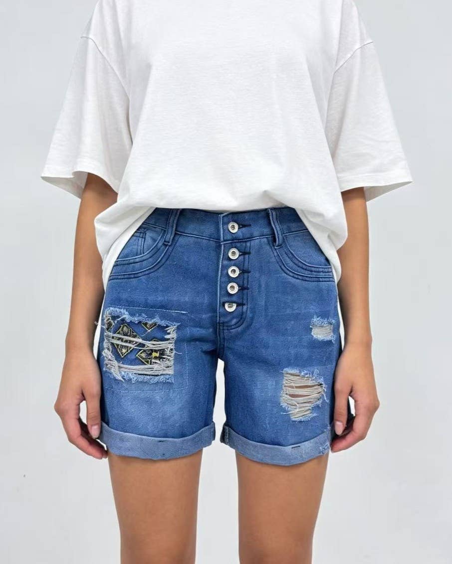 Button Fly Distressed Rolled Cuff Denim Shorts