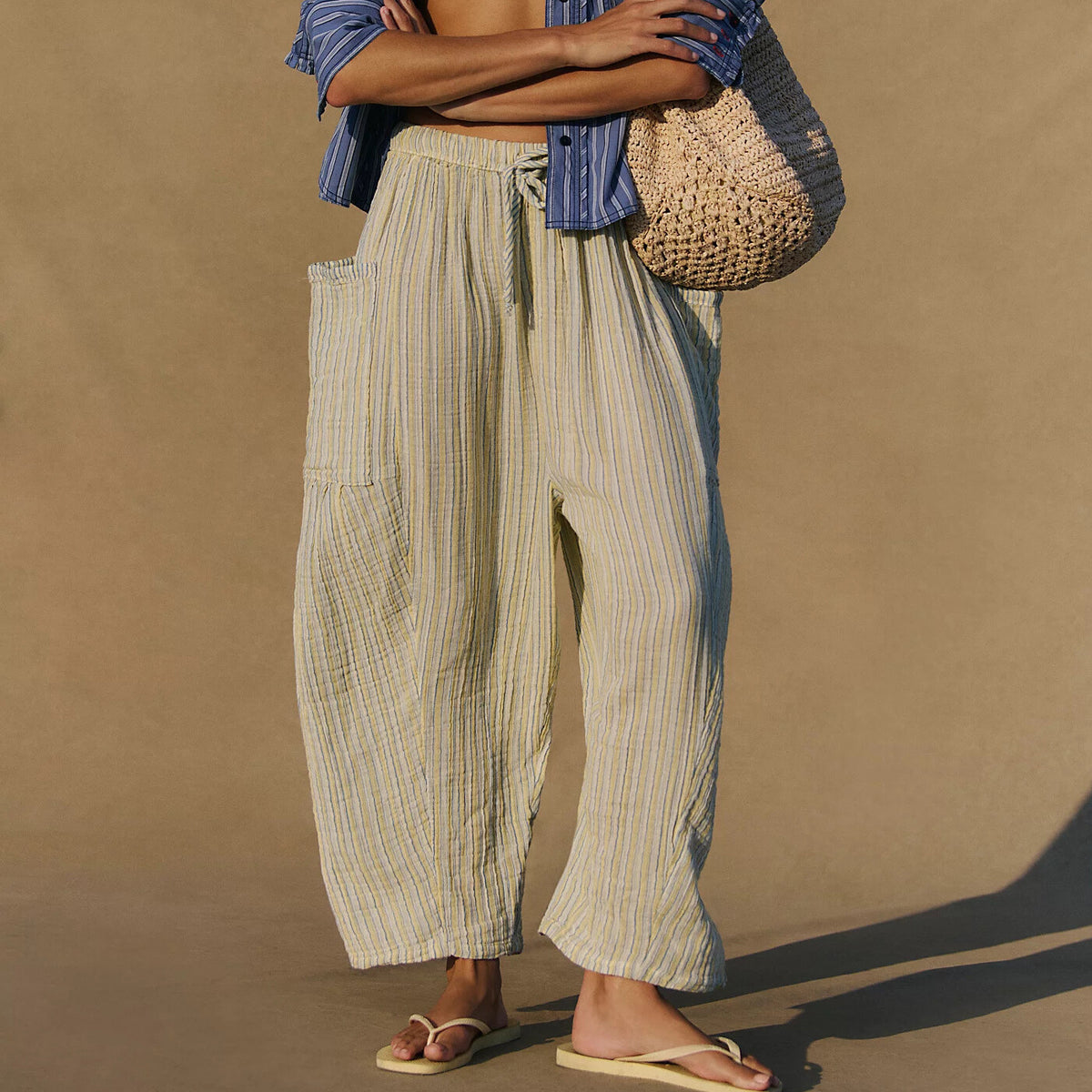 Striped Drawstring Balloon Leg Trousers - Apricot
