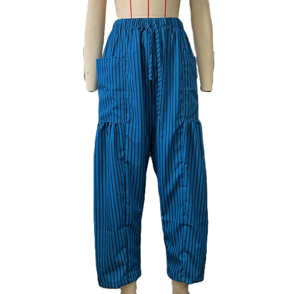 Striped Drawstring Balloon Leg Trousers - Blue