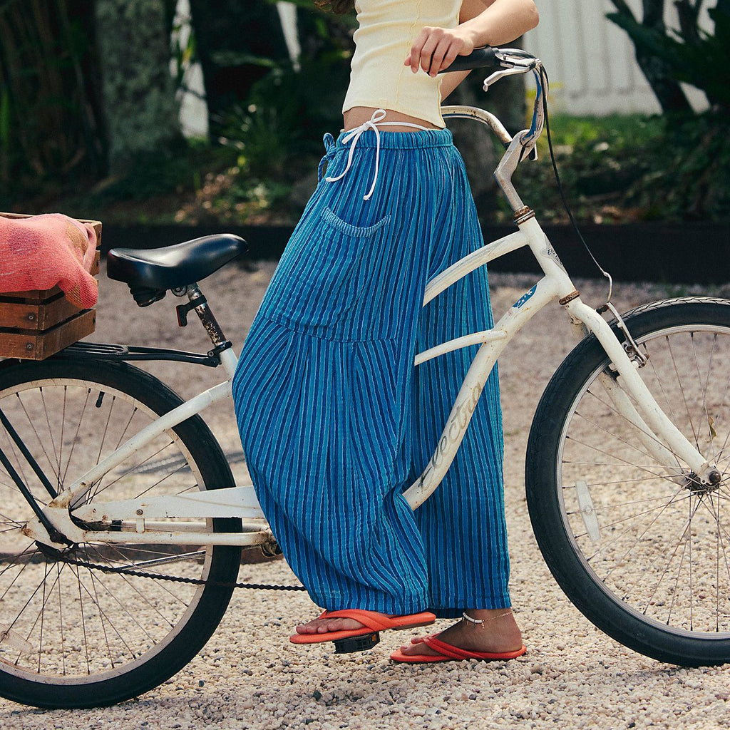 Striped Drawstring Balloon Leg Trousers - Blue - 1