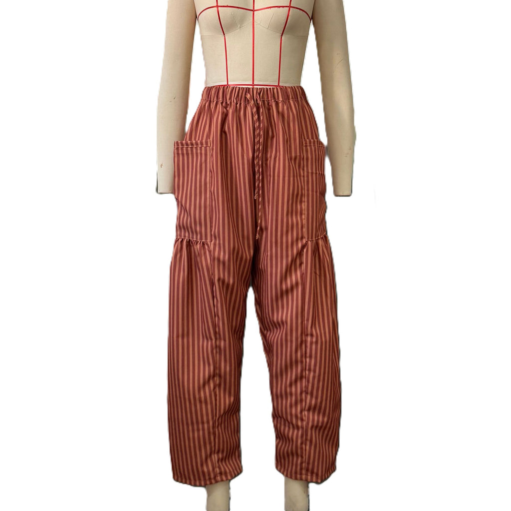 Striped Drawstring Balloon Leg Trousers - Brown