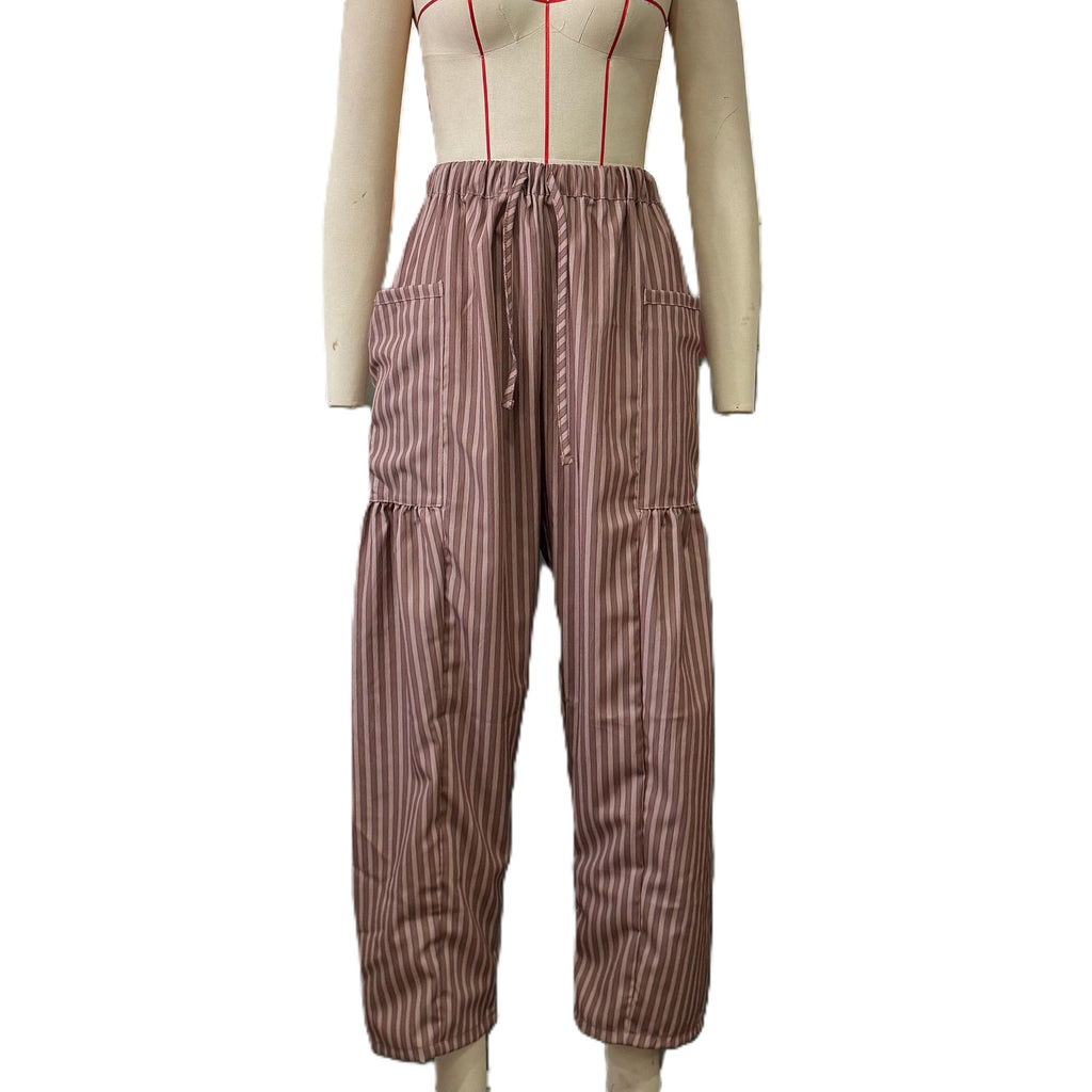 Striped Drawstring Balloon Leg Trousers - Khaki
