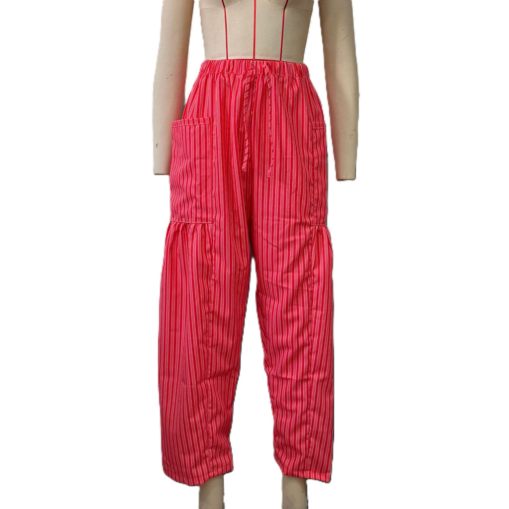 Striped Drawstring Balloon Leg Trousers - Red