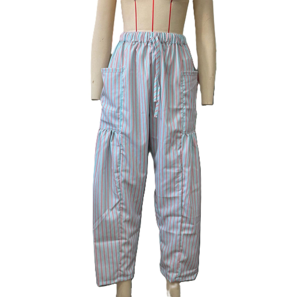 Striped Drawstring Balloon Leg Trousers - Skyblue