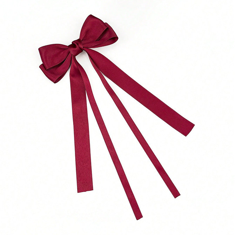 Twin Loop Long Tail Bow Hair Clip - Burgundy