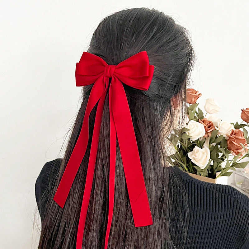 Twin Loop Long Tail Bow Hair Clip - Red