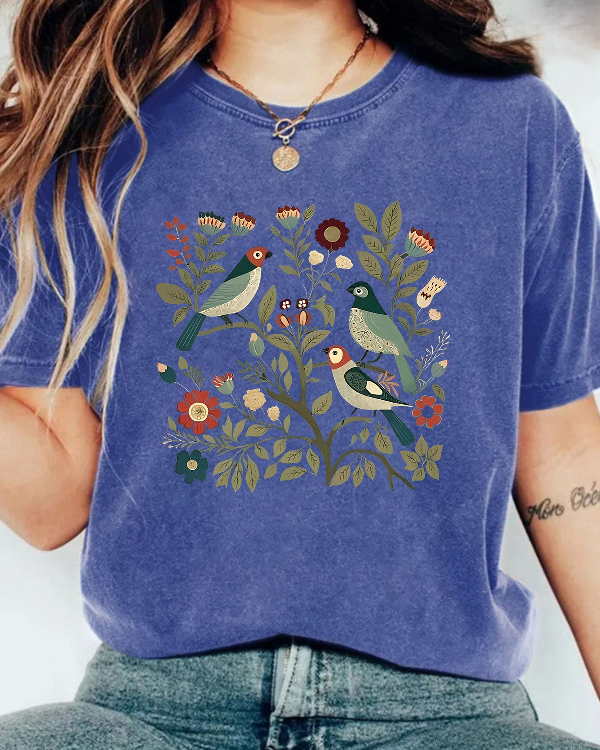 Vintage Wash Bird Garden Graphic Tee - Blue