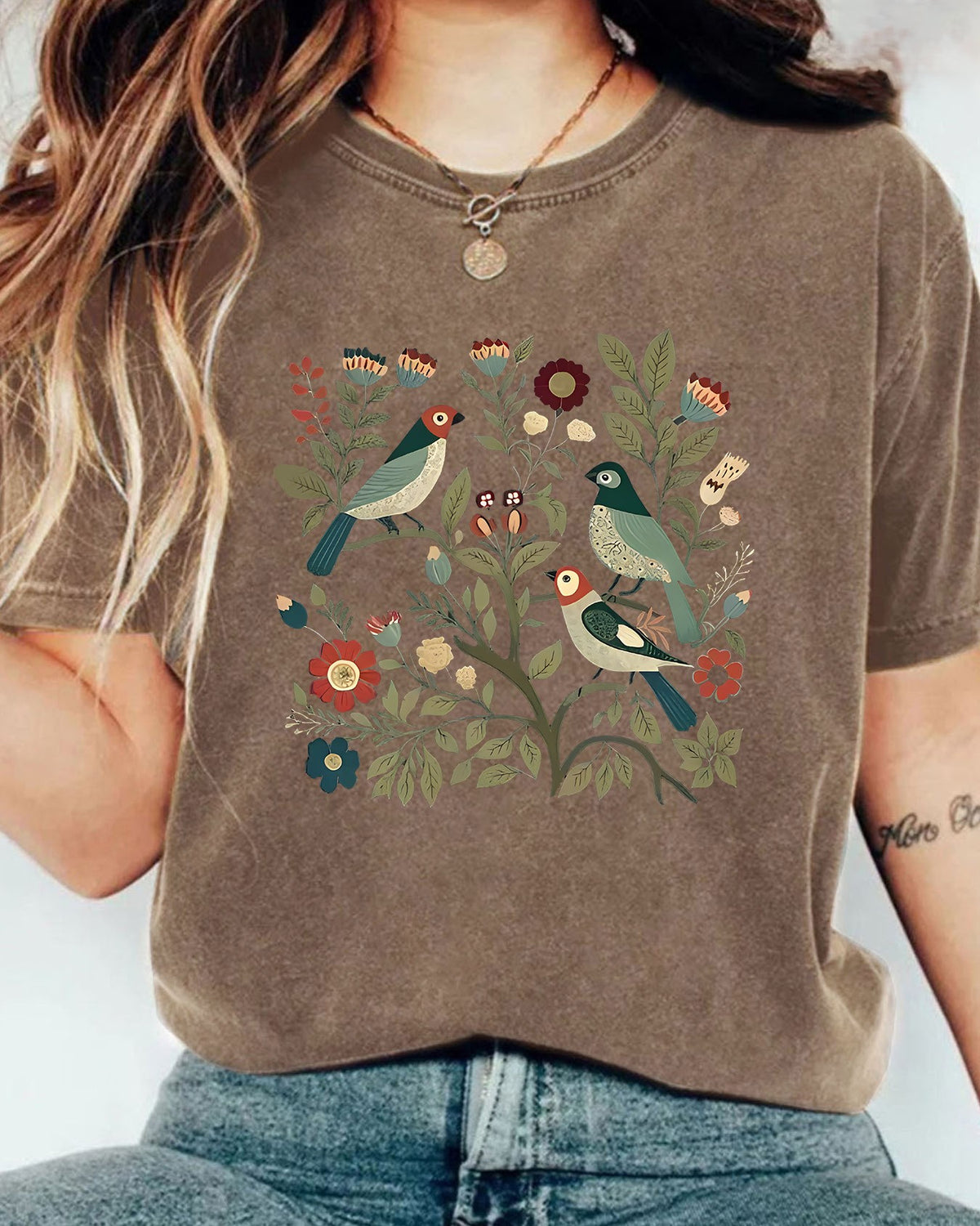 Vintage Wash Bird Garden Graphic Tee - Coffee