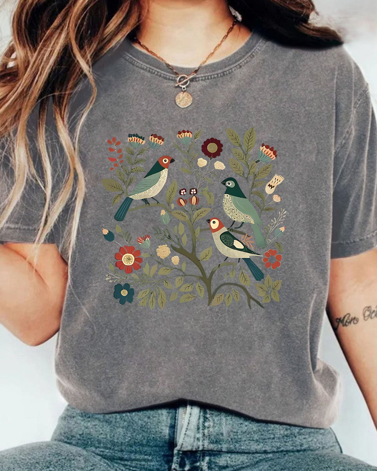 Vintage Wash Bird Garden Graphic Tee - Grey
