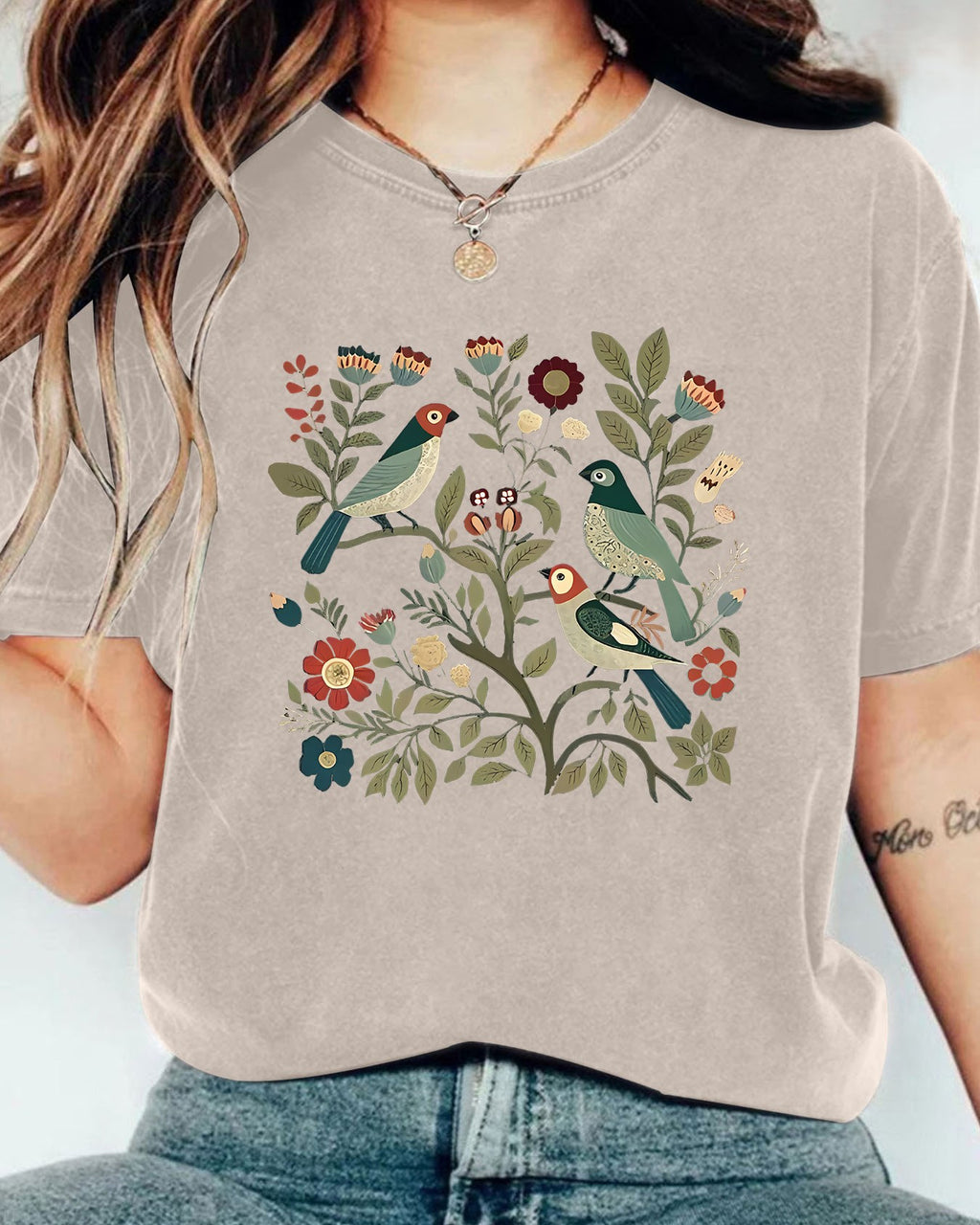 Vintage Wash Bird Garden Graphic Tee - Khaki