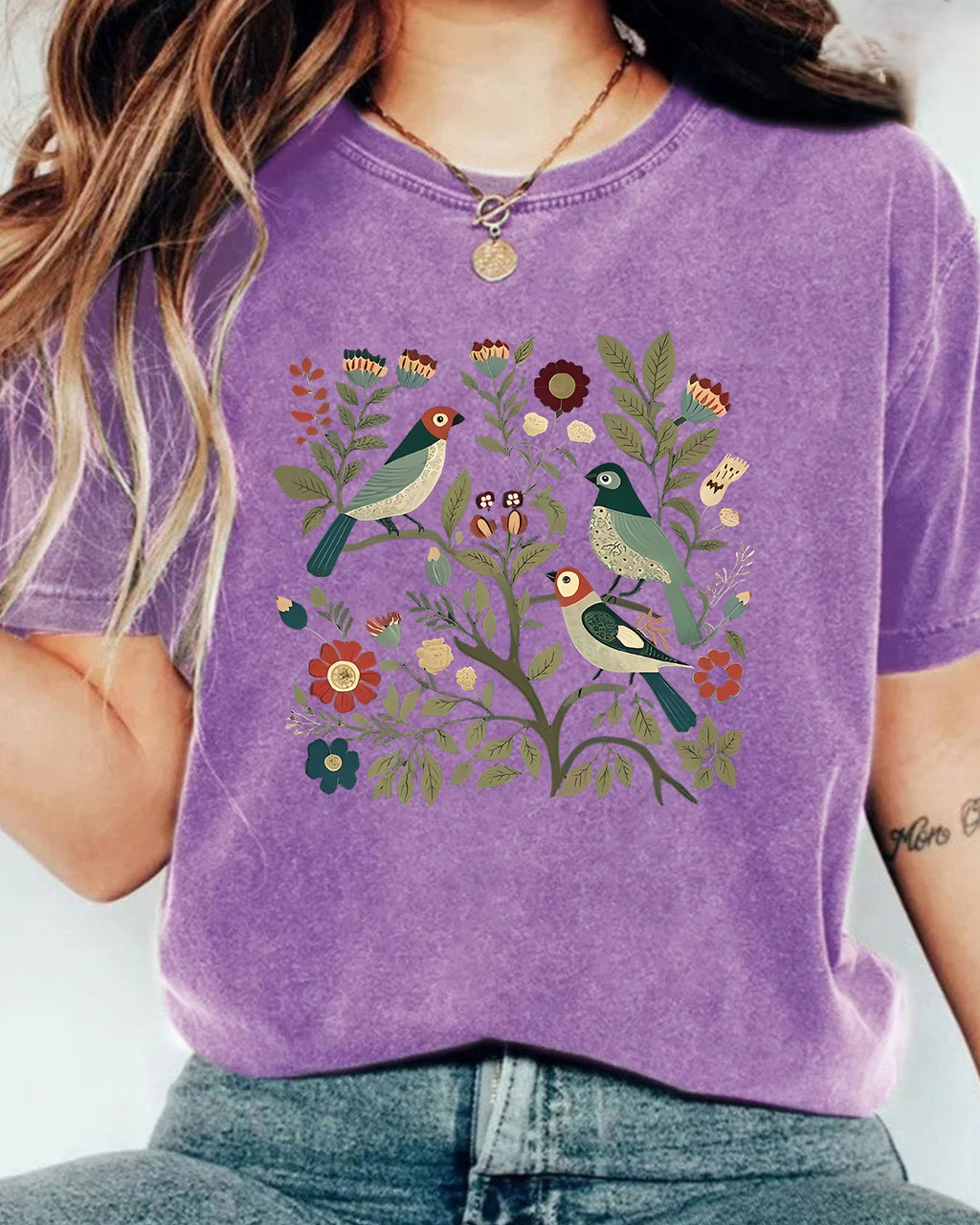 Vintage Wash Bird Garden Graphic Tee - Purple