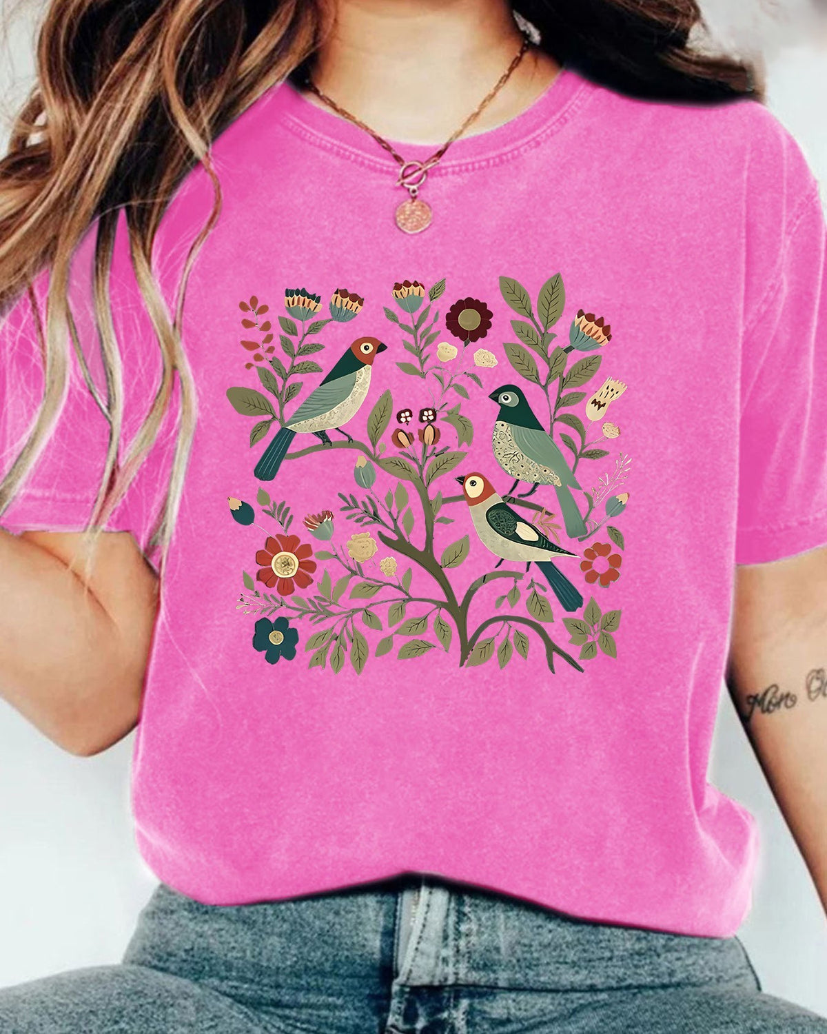 Vintage Wash Bird Garden Graphic Tee - Rose-Red