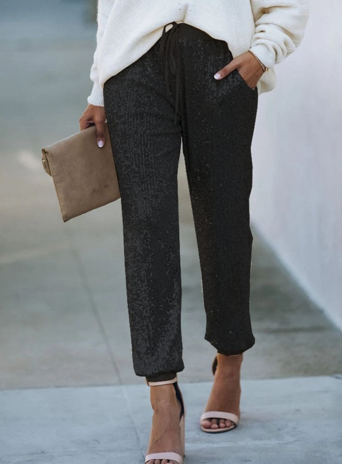 Sequin Tapered Drawstring Party Joggers - Black