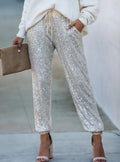 Sequin Tapered Drawstring Party Joggers - White