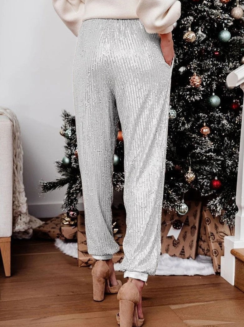 Sequin Tapered Drawstring Party Joggers - White - 1