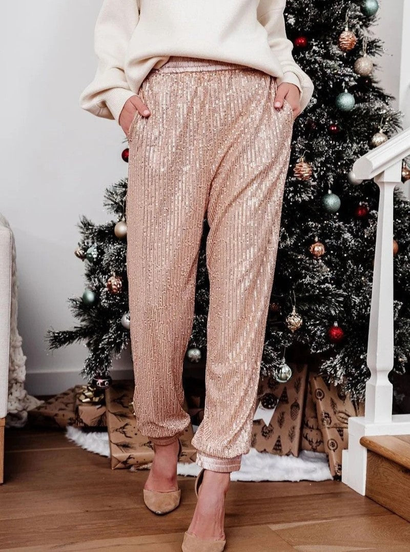 Sequin Tapered Drawstring Party Joggers