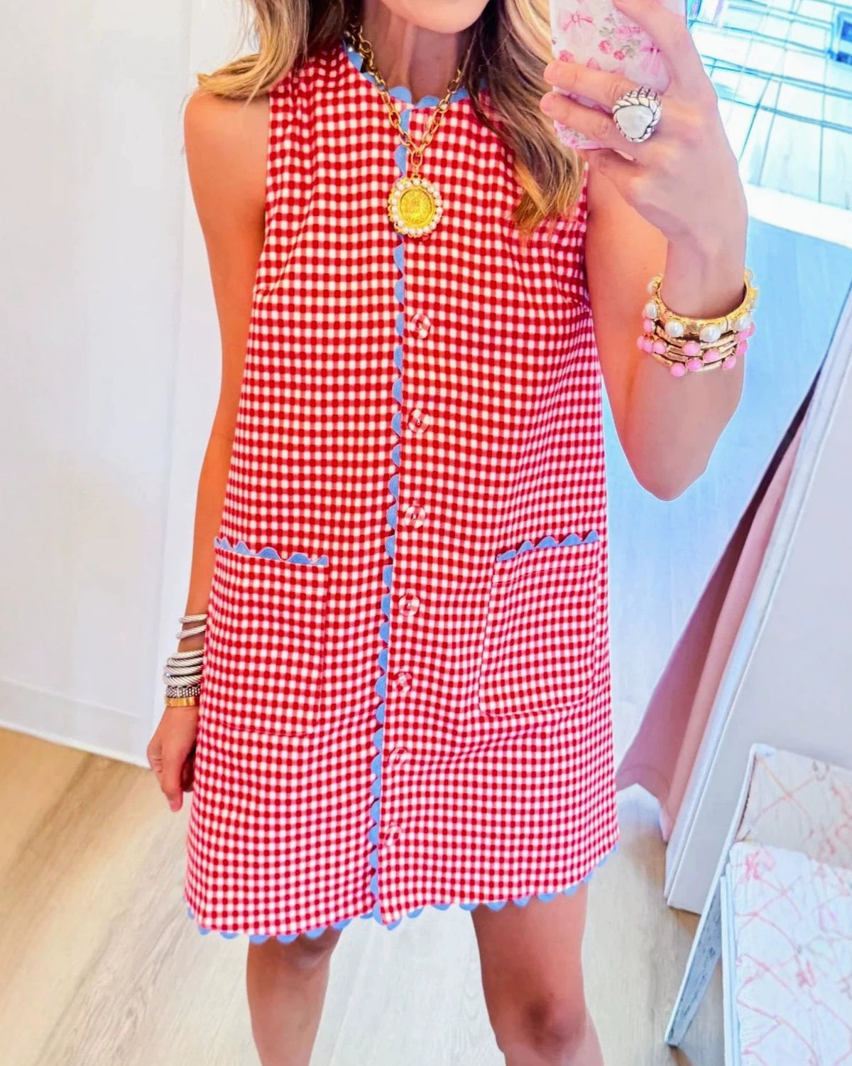 Red Gingham Sleeveless Shift Mini Dress - Red