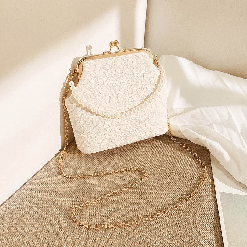 Mini Textured Kiss Lock Frame Bag - Ivory Chain