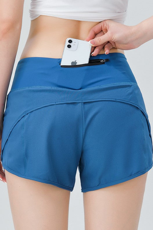 Back Waistband Zip Pocket Running Shorts - Blue - 1