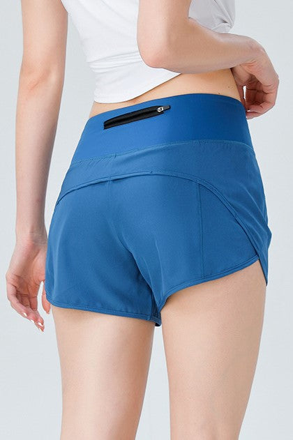 Back Waistband Zip Pocket Running Shorts - Blue - 2