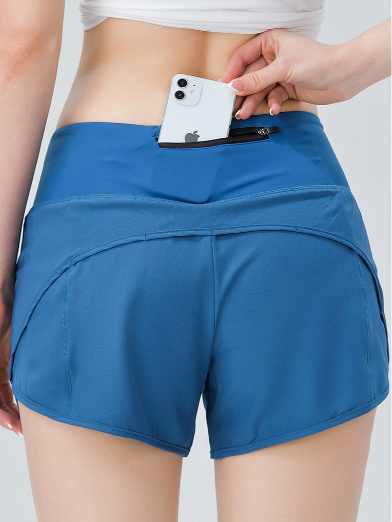 Back Waistband Zip Pocket Running Shorts - Blue - 3
