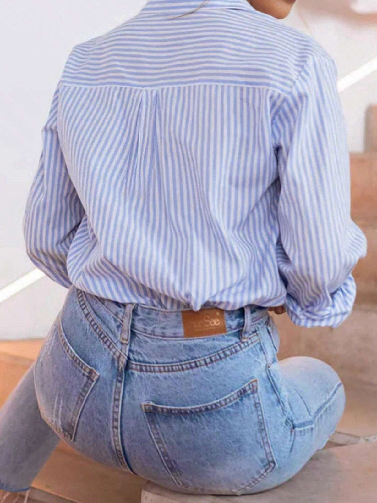 Vertical Stripe Oversized Button Up Shirt - Blue - 1