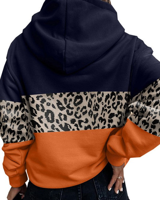 Retro Colorblock Kangaroo Pocket Hoodie - Leopard - 2