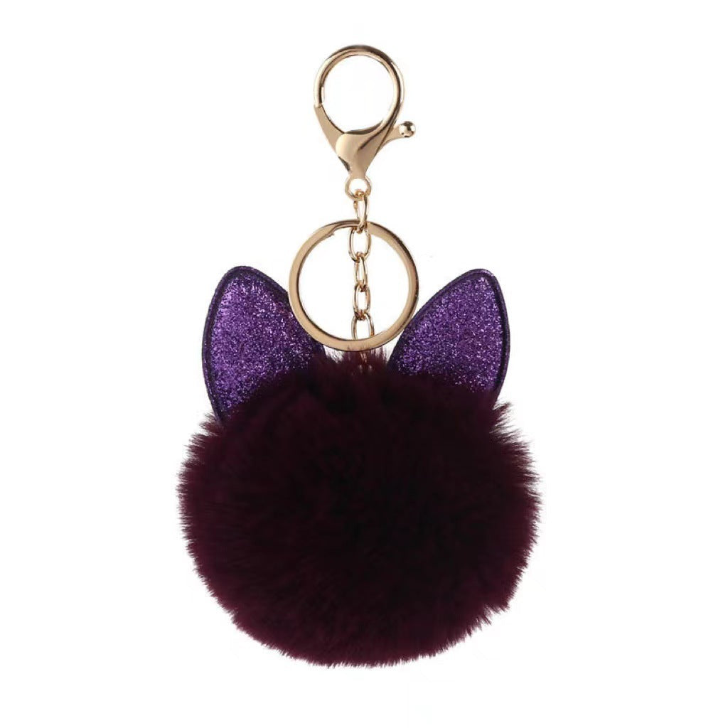 Glitter Cat Ears Fluffy Pom Keychain - DeepPurple