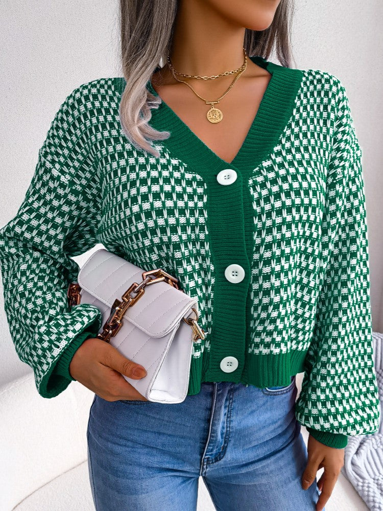 Two Tone Checkered V Neck Cropped Cardigan - Green - 1