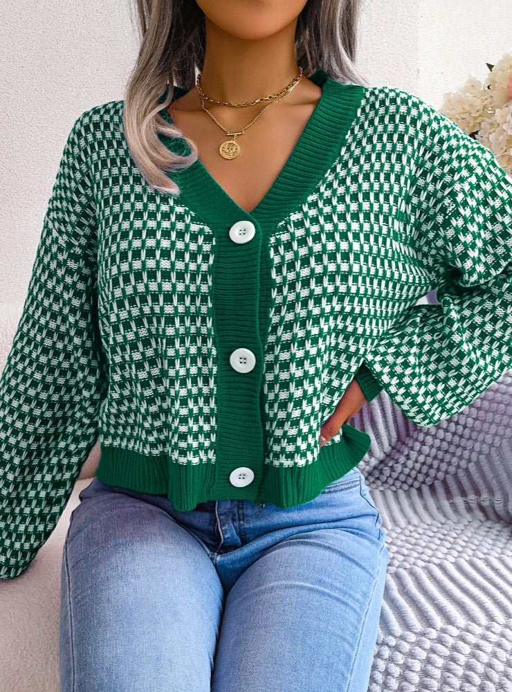 Two Tone Checkered V Neck Cropped Cardigan - Green - 2