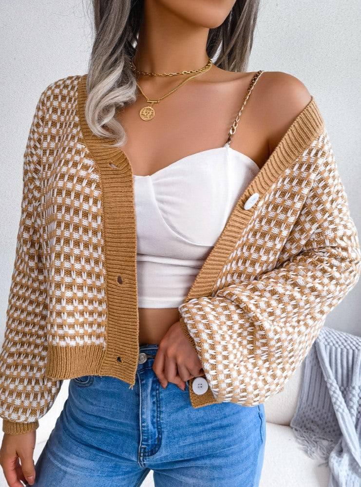 Two Tone Checkered V Neck Cropped Cardigan - Khaki