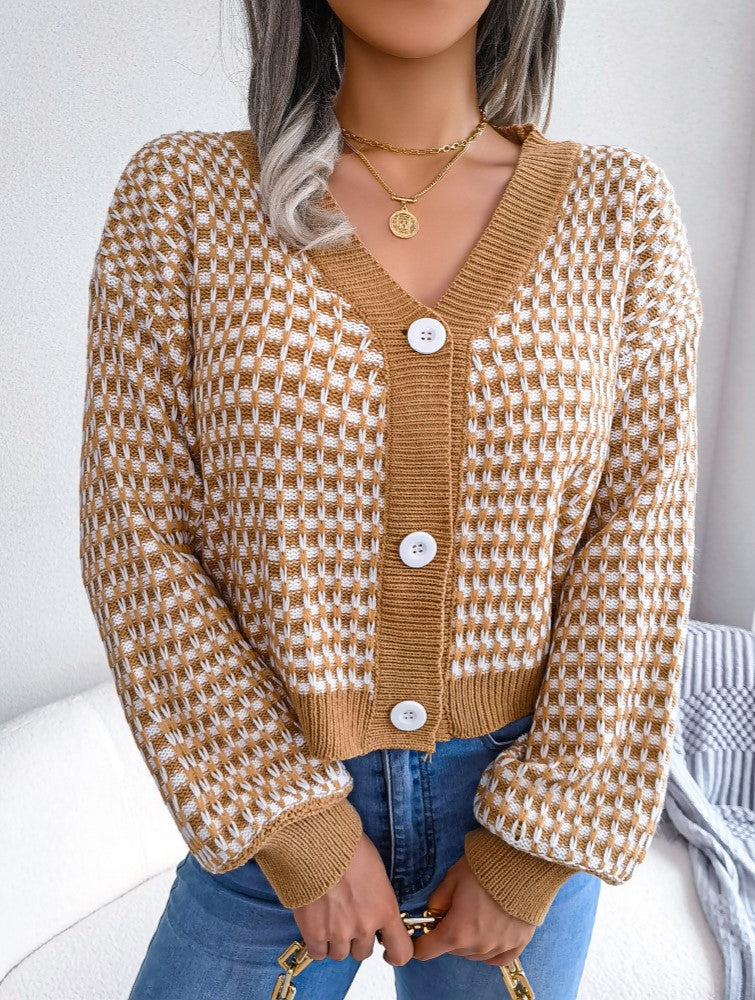 Two Tone Checkered V Neck Cropped Cardigan - Khaki - 2