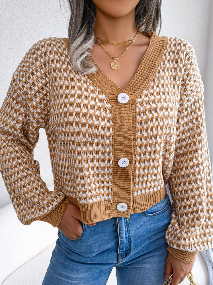 Two Tone Checkered V Neck Cropped Cardigan - Khaki - 3