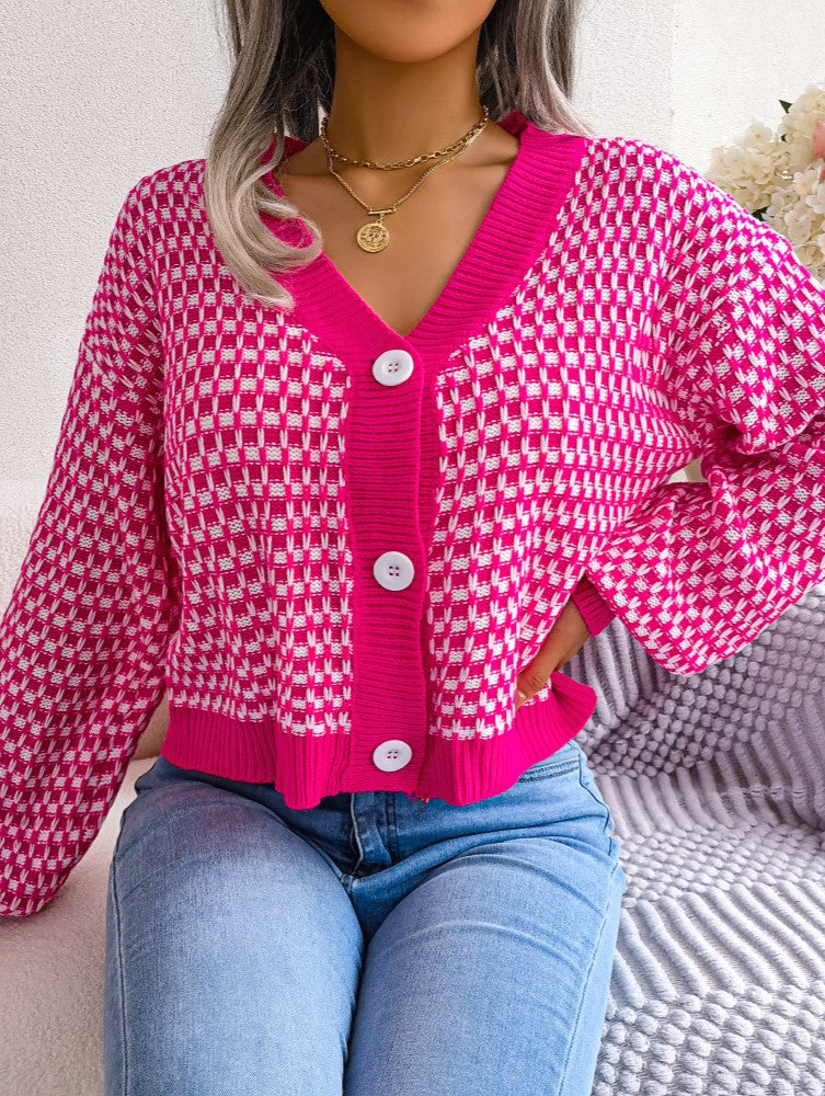 Two Tone Checkered V Neck Cropped Cardigan - Rosered
