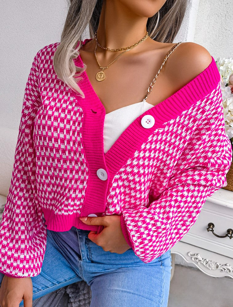 Two Tone Checkered V Neck Cropped Cardigan - Rosered - 1