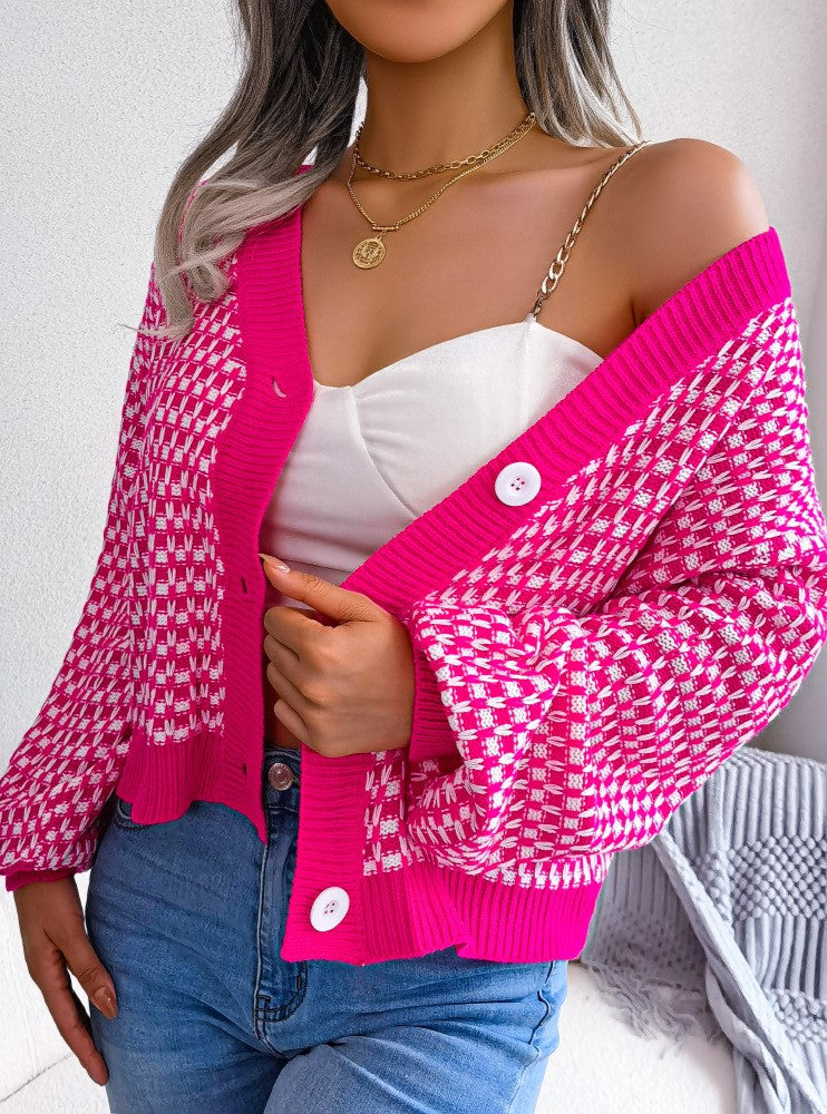 Two Tone Checkered V Neck Cropped Cardigan - Rosered - 2