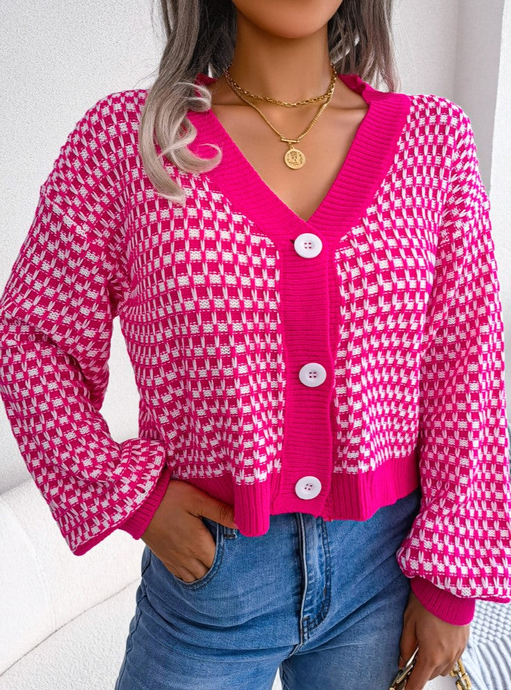Two Tone Checkered V Neck Cropped Cardigan
