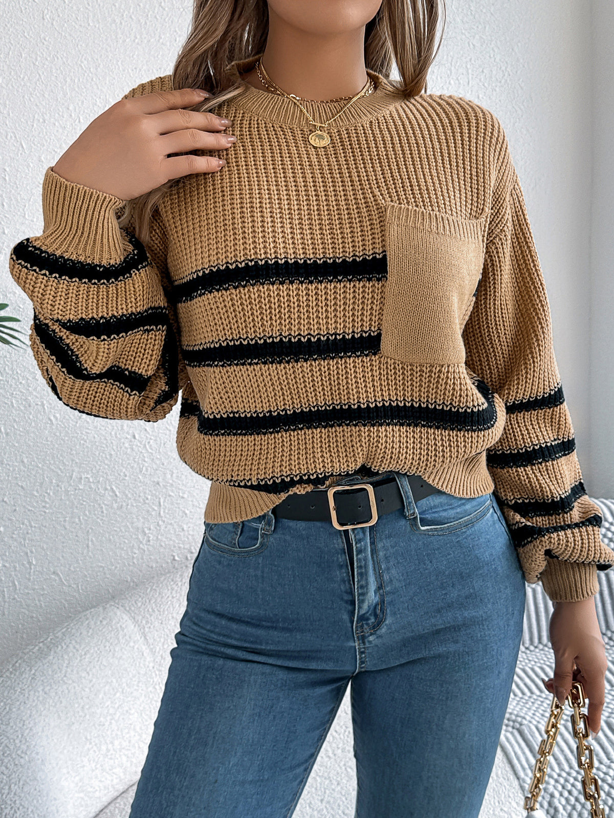 Striped Patch Pocket Drop Shoulder Sweater - Khaki