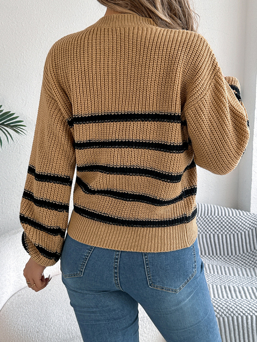 Striped Patch Pocket Drop Shoulder Sweater - Khaki - 1
