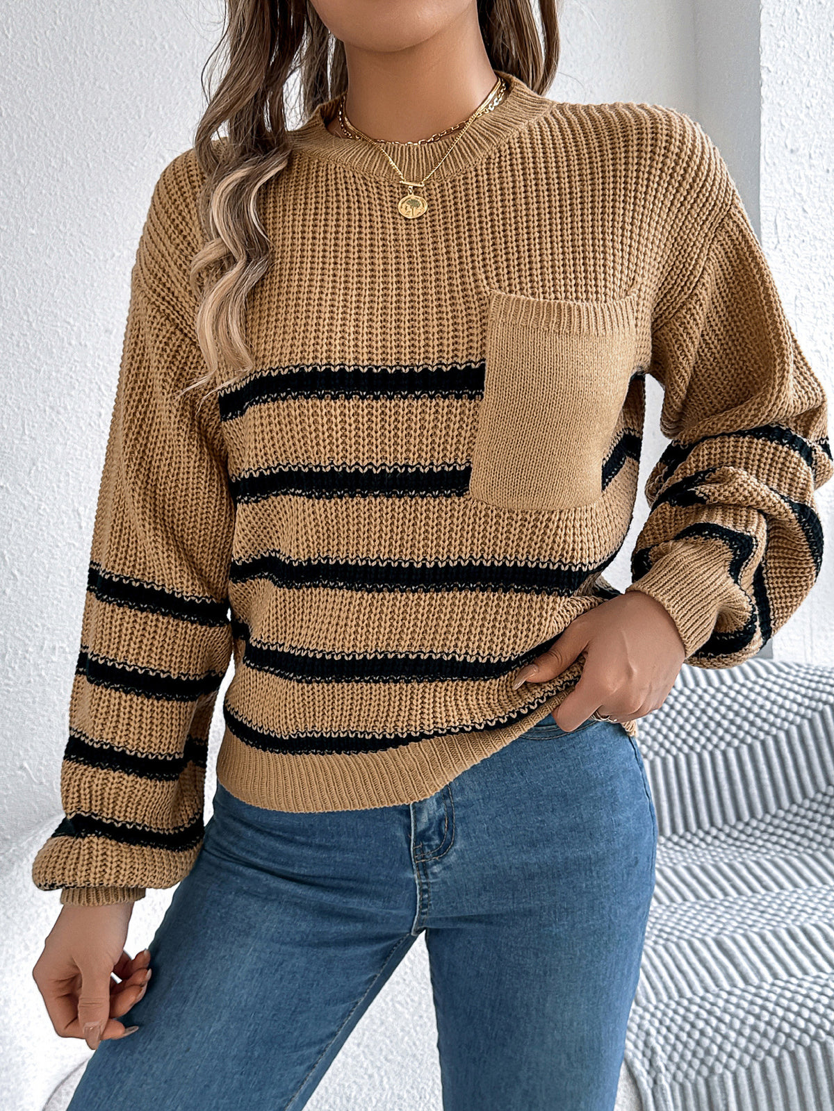 Striped Patch Pocket Drop Shoulder Sweater - Khaki - 2