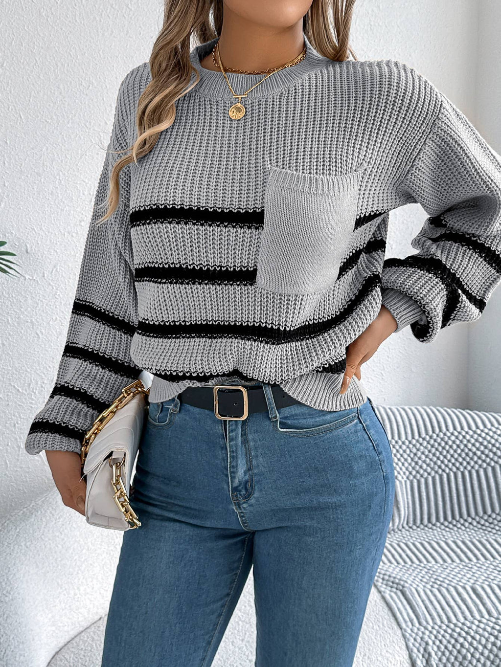 Striped Patch Pocket Drop Shoulder Sweater