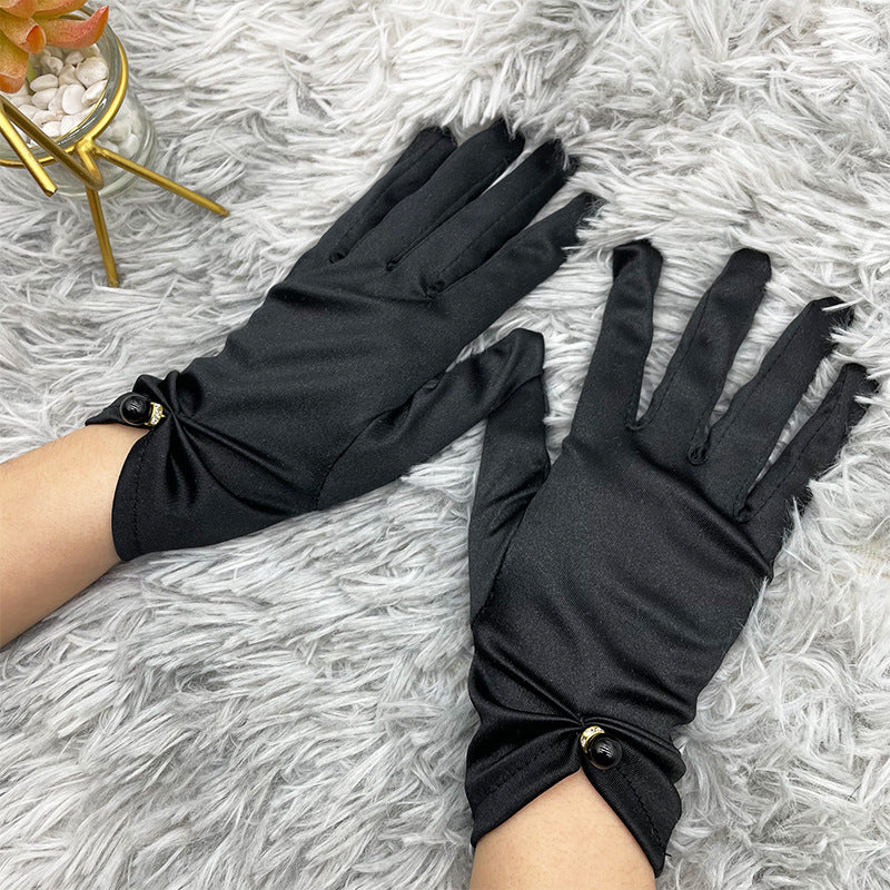 Pearl Bead Satin Stretch Wrist Gloves - Black