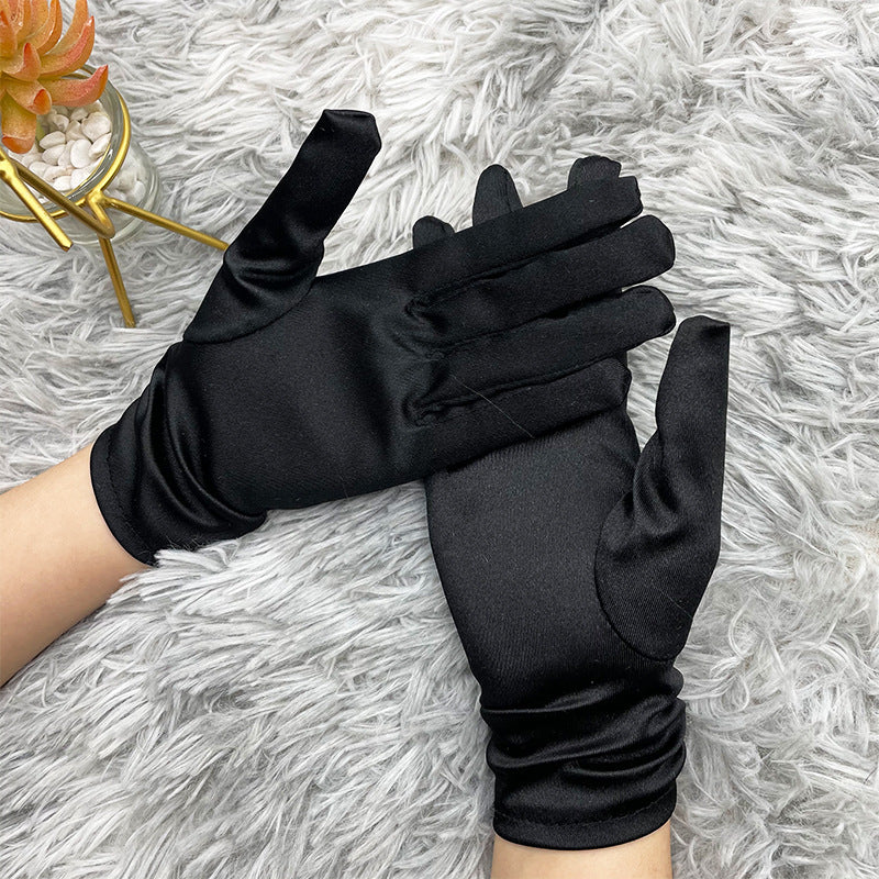 Pearl Bead Satin Stretch Wrist Gloves - Black - 1