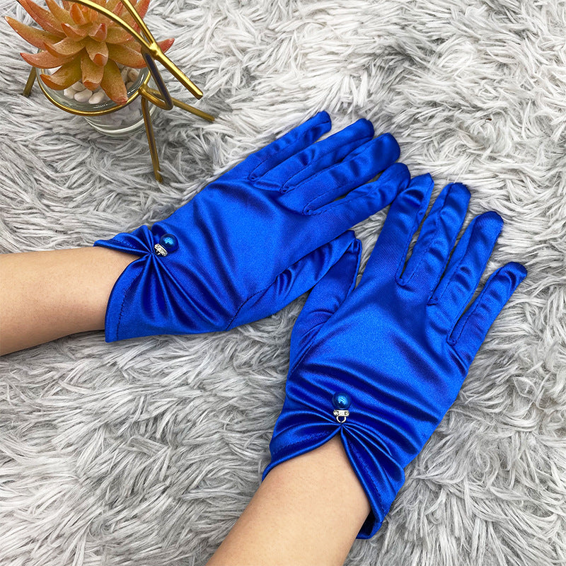 Pearl Bead Satin Stretch Wrist Gloves - Blue