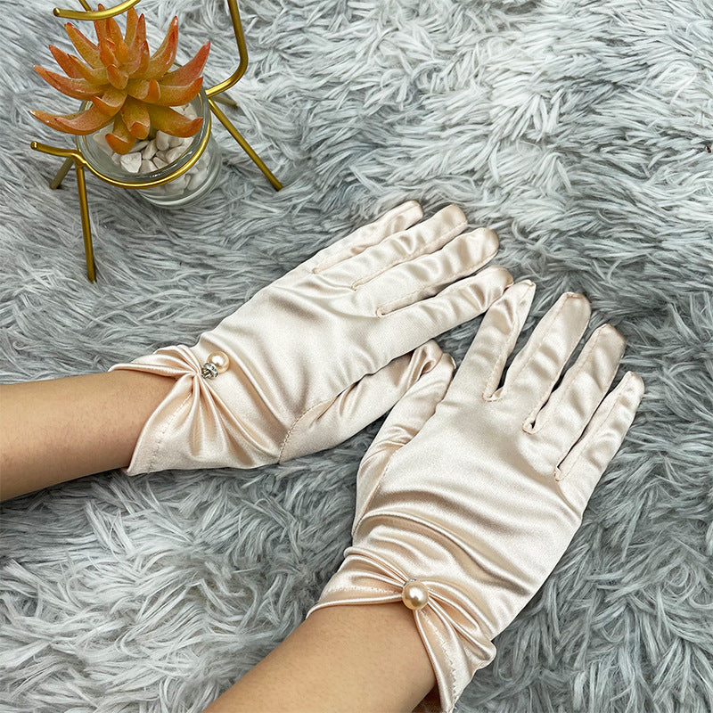 Pearl Bead Satin Stretch Wrist Gloves - Champagne