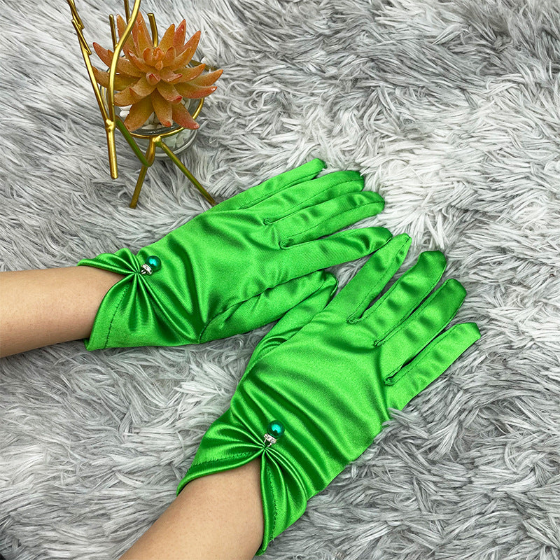 Pearl Bead Satin Stretch Wrist Gloves - Green