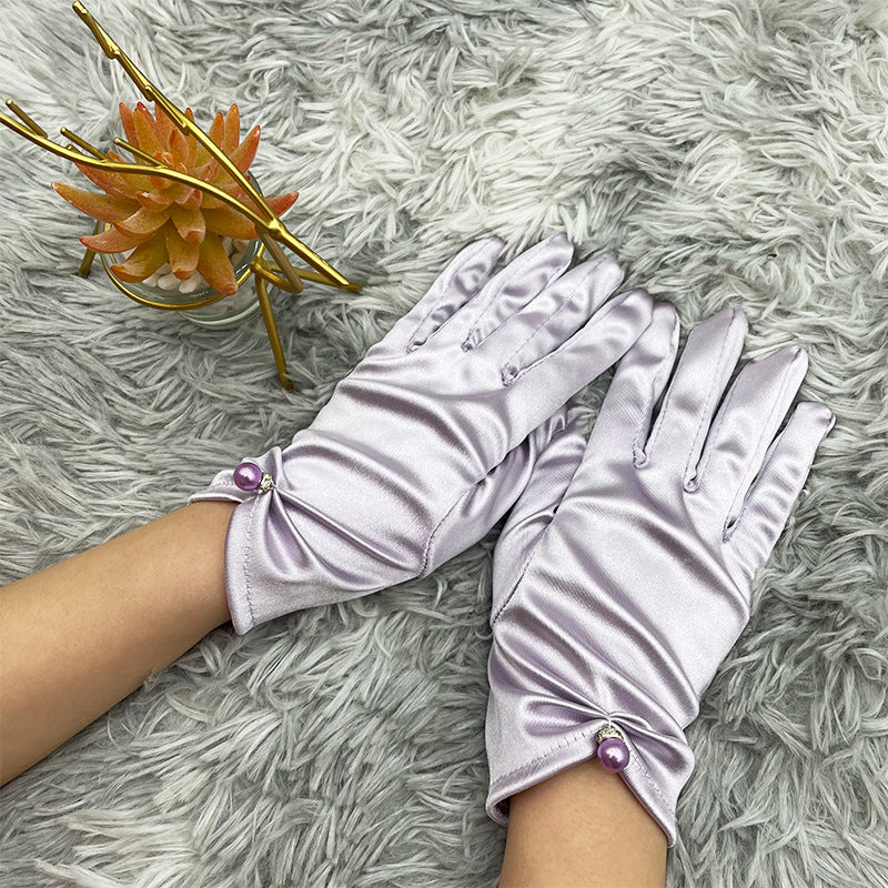 Pearl Bead Satin Stretch Wrist Gloves - Lavender